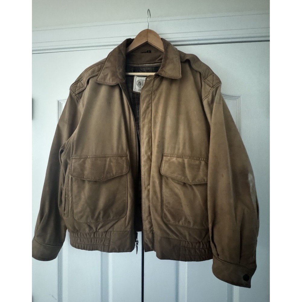 Sierra Leather Mens Tan Suede Bomber Jacket Plaid Lined Quilted Shoulder Size 42